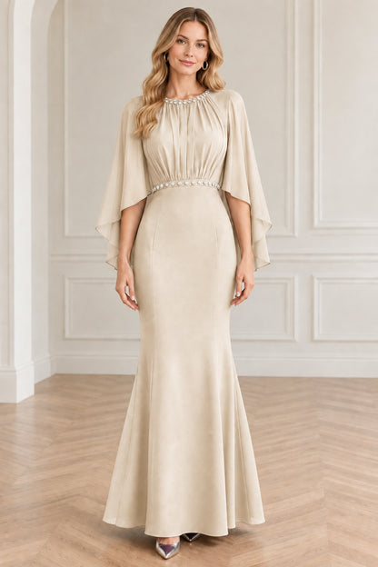 Champagne beige cape sleeve formal evening dress