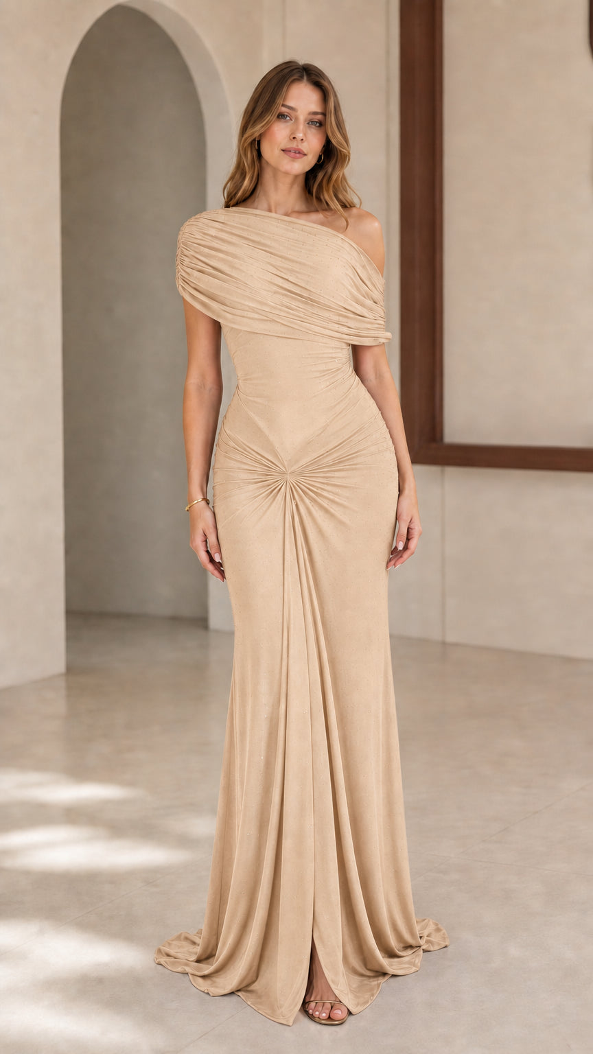 Model wearing Champagne one-shoulder ruched evening gown