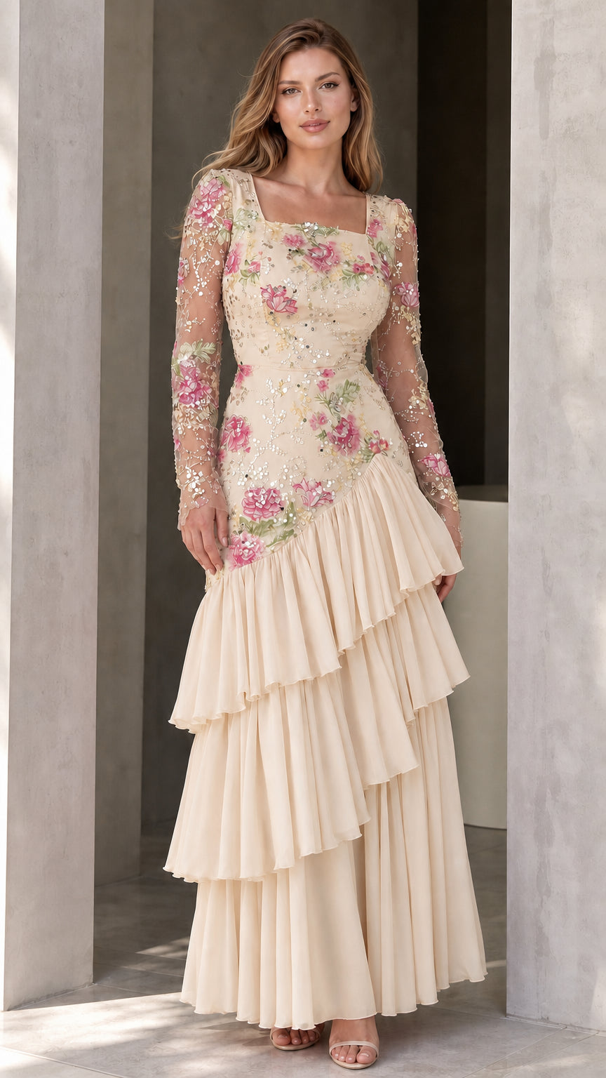 Champagne beige floral embroidered square-neck gown with tiered pleated maxi skirt