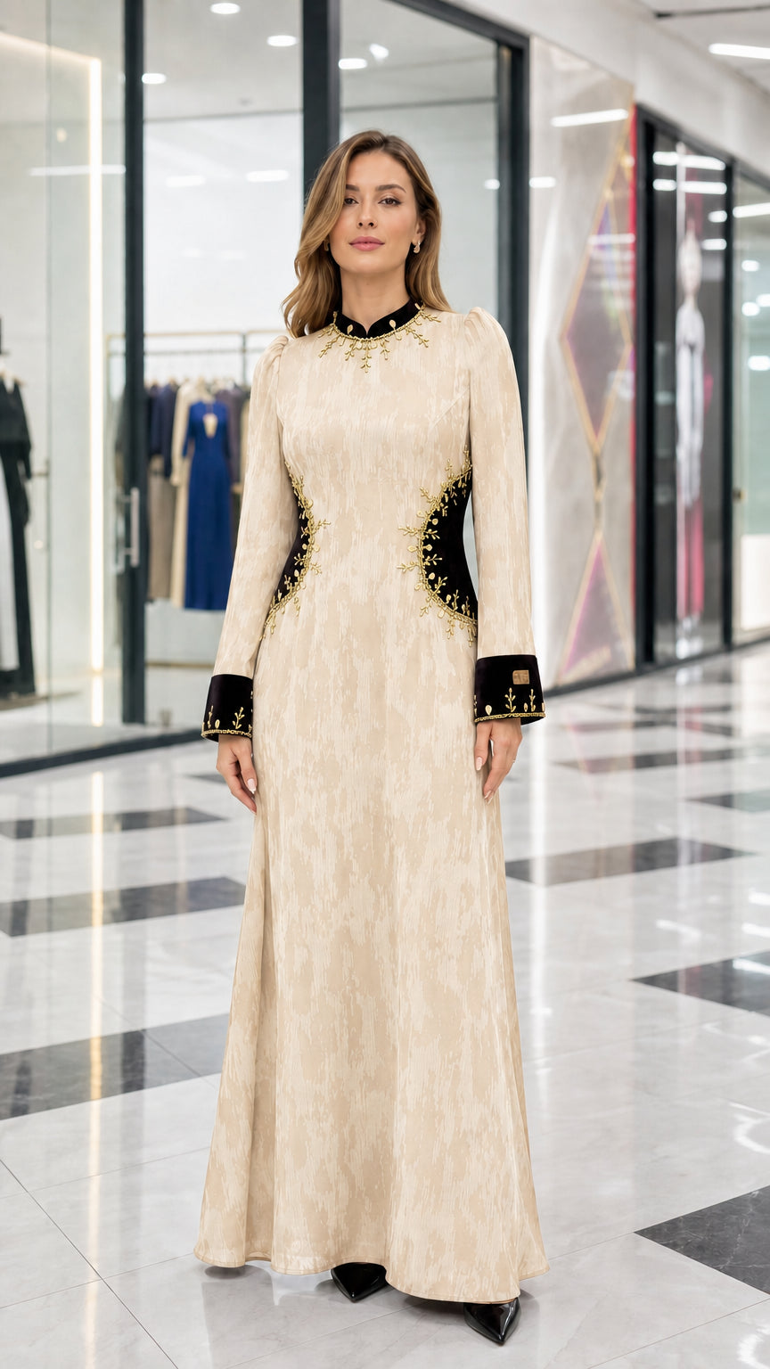 Champagne beige textured long sleeve maxi dress with contrast black velvet accents