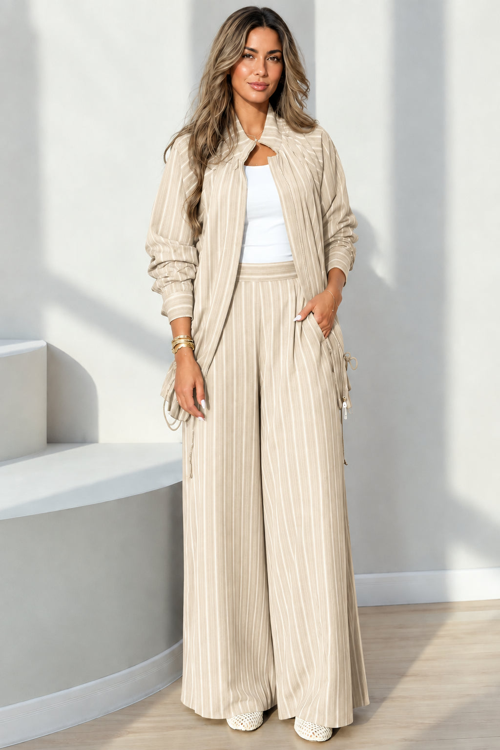Full-length view of beige pinstripe two-piece lounge suit set