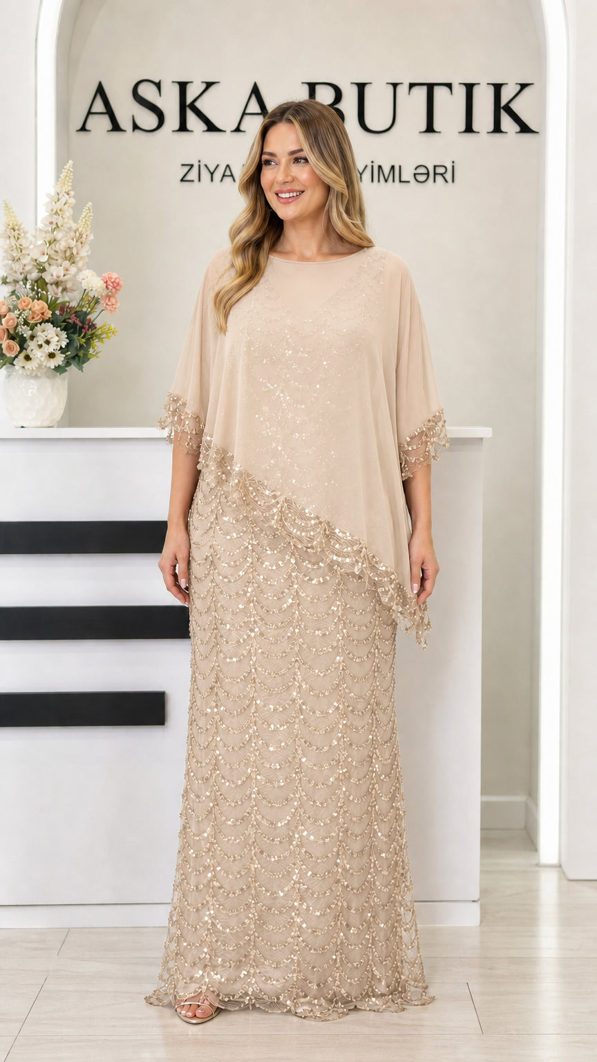 Champagne beige sequin capelet maxi gown for formal events