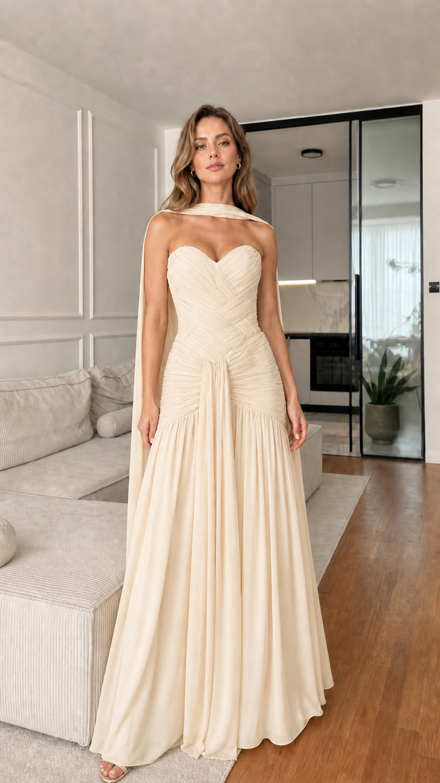 Champagne Ivory Strapless Sweetheart Ruched Chiffon Maxi Evening Gown with Cape