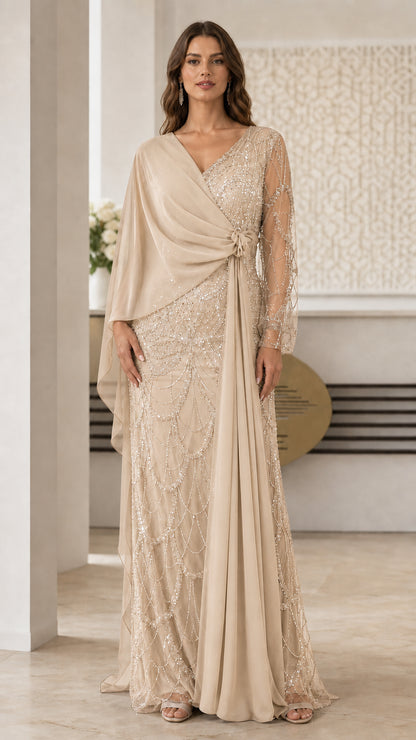 Full length view of champagne formal evening gown
