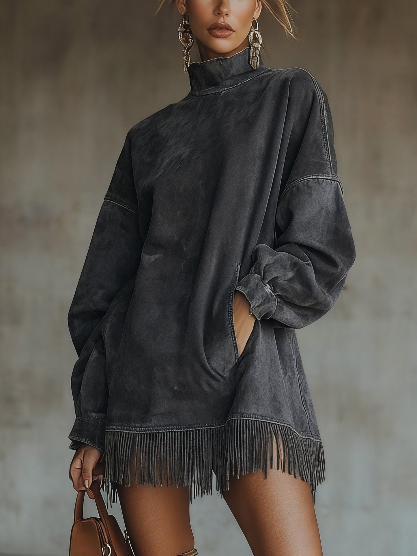 24-Hour-Shipping Olive Faux Suede Turtleneck Dress With Fringe Hem