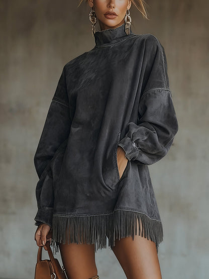 24-Hour-Shipping Olive Faux Suede Turtleneck Dress With Fringe Hem
