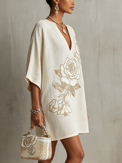 Ivory Mini Dress With Embroidered Floral Detail