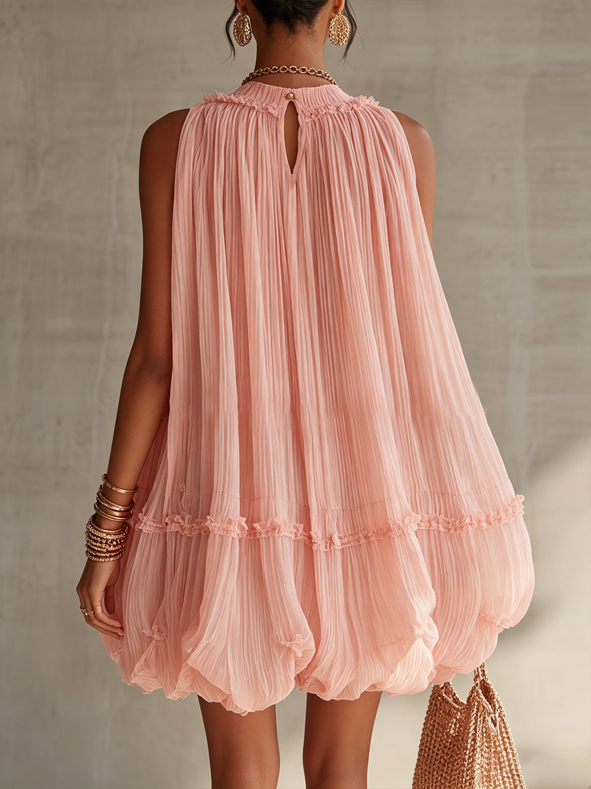 Pink Pleated Chiffon Mini Dress With Ruffled Hem