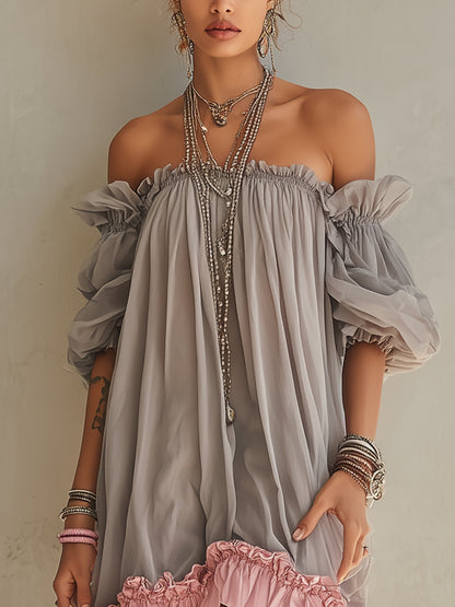 Gray Chiffon Off Shoulder Mini Dress With Pink Hem