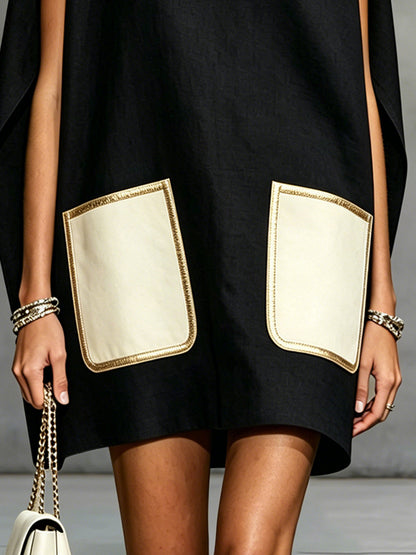 Navy Sleeveless Mini Dress With Contrast Patch Pockets