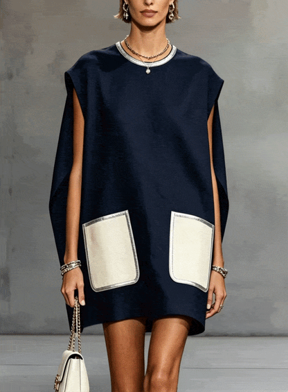 Navy Sleeveless Mini Dress With Contrast Patch Pockets