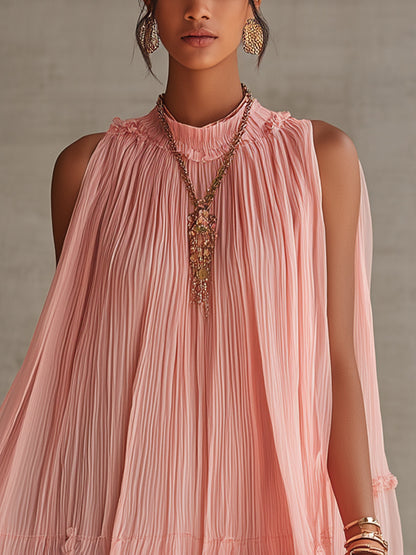 Pink Pleated Chiffon Mini Dress With Ruffled Hem