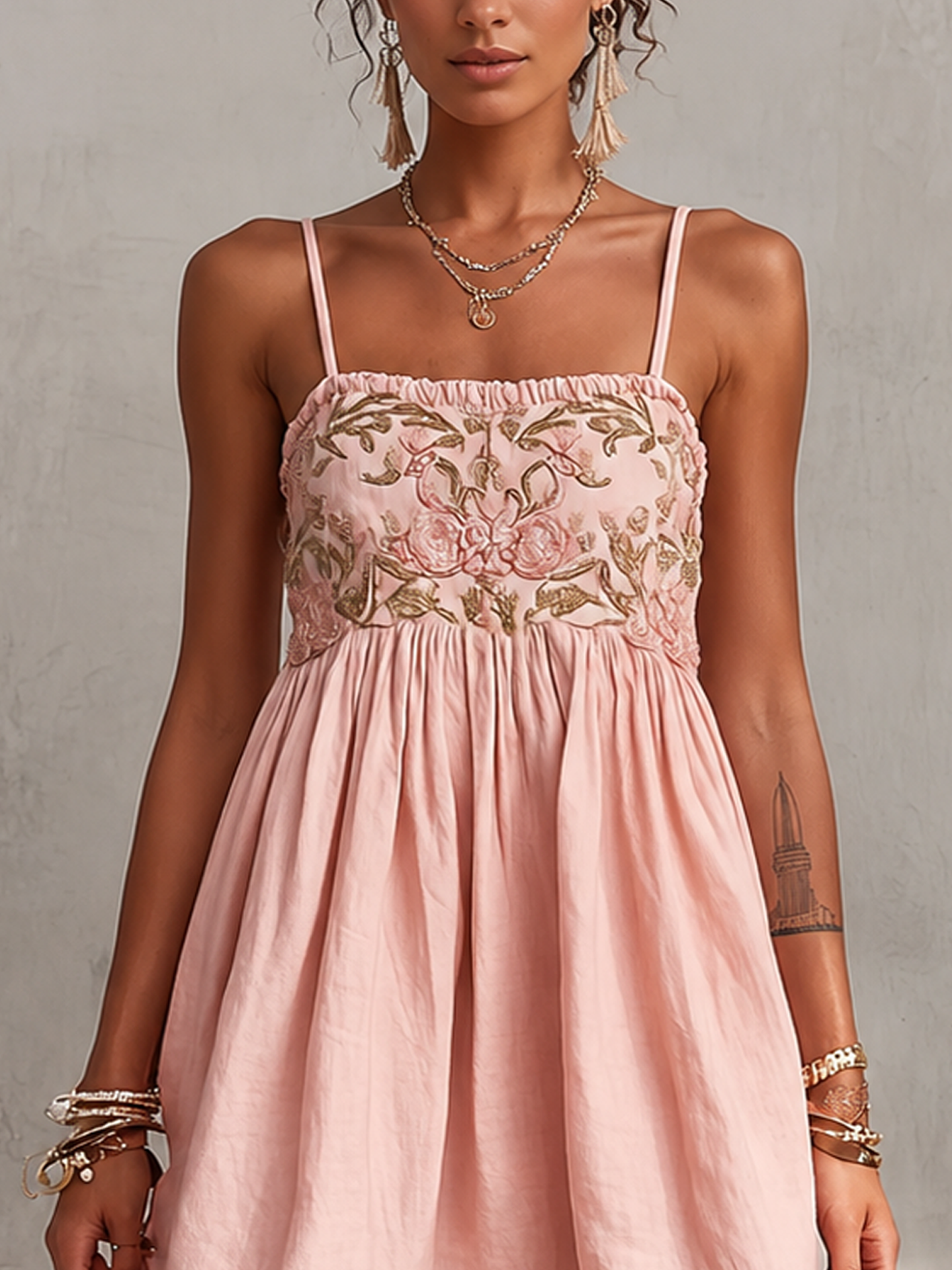 Pink Vintage Embroidered Linen Cotton Mini Cami Dress