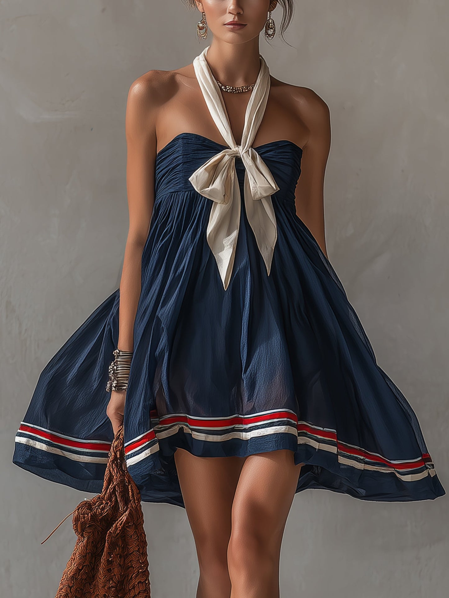 Navy Sheer  Cotton Blend Tie Mini Dress