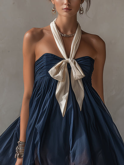 Navy Sheer  Cotton Blend Tie Mini Dress
