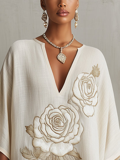 Ivory Mini Dress With Embroidered Floral Detail
