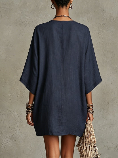 Navy Embroidered Mini Dress With Zip Front