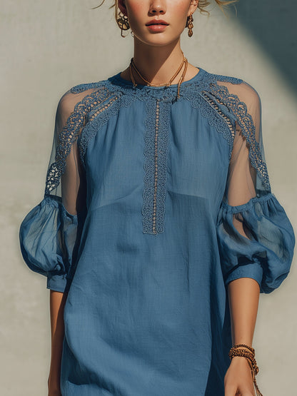 Blue Cotton Linen Lace Trim Mini Dress