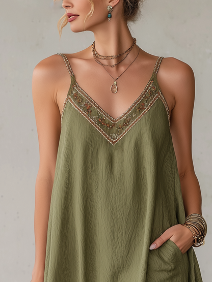 Olive Green Textured Embroidered Trim Mini Dress With Strap Detailing