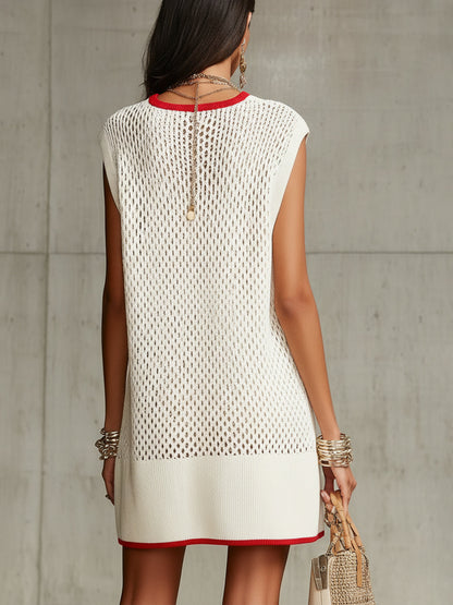 Ivory Knit Sleeveless Mini Dress With Red Trim