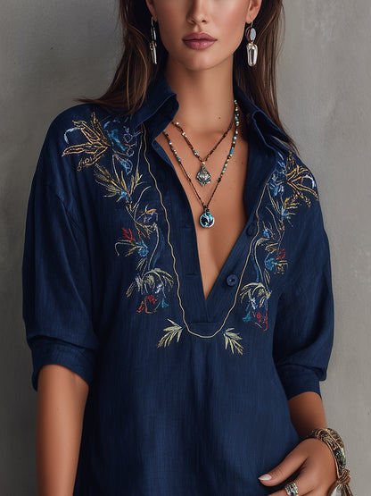Navy Embroidered V-Neck Shirt Mini Dress