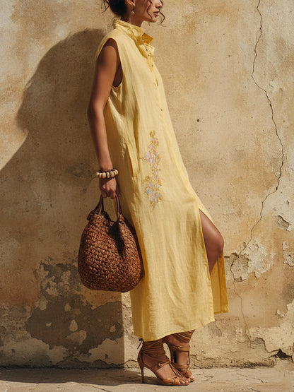 Sunshine Linen Blend Embroidered Maxi Dress