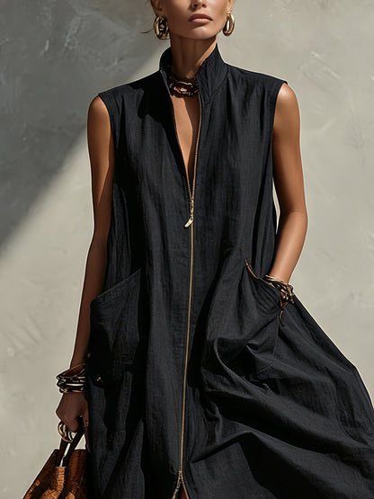 Black Zipper Sleeveless  Linen Blend Midi Dress