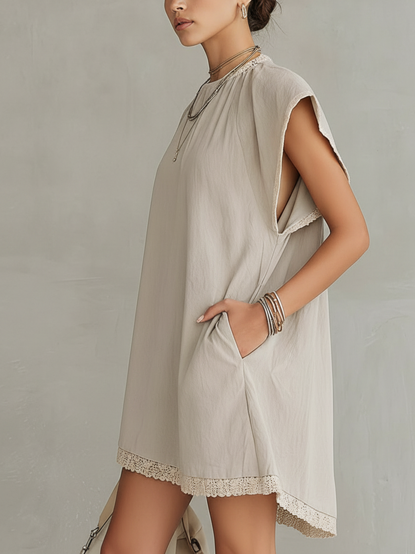 Light Gray Lace Trim Washed Cotton Patchwork Mini Dress
