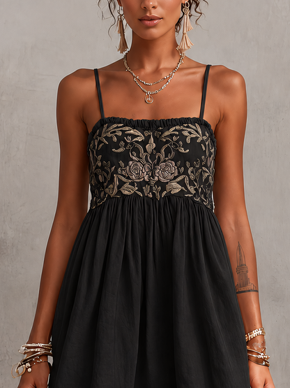 Pink Vintage Embroidered Linen Cotton Mini Cami Dress