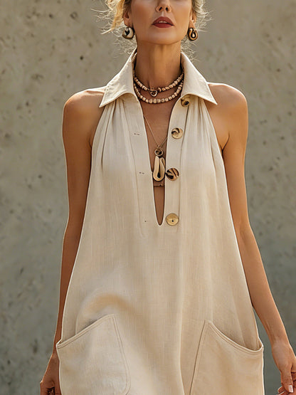 Beige Linen Sleeveless Button Midi Dress