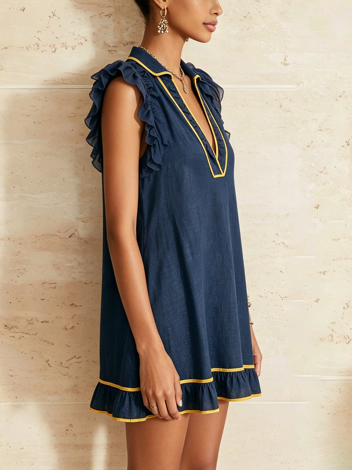 Navy Ruffle Mini Dress With Contrast Yellow Trim