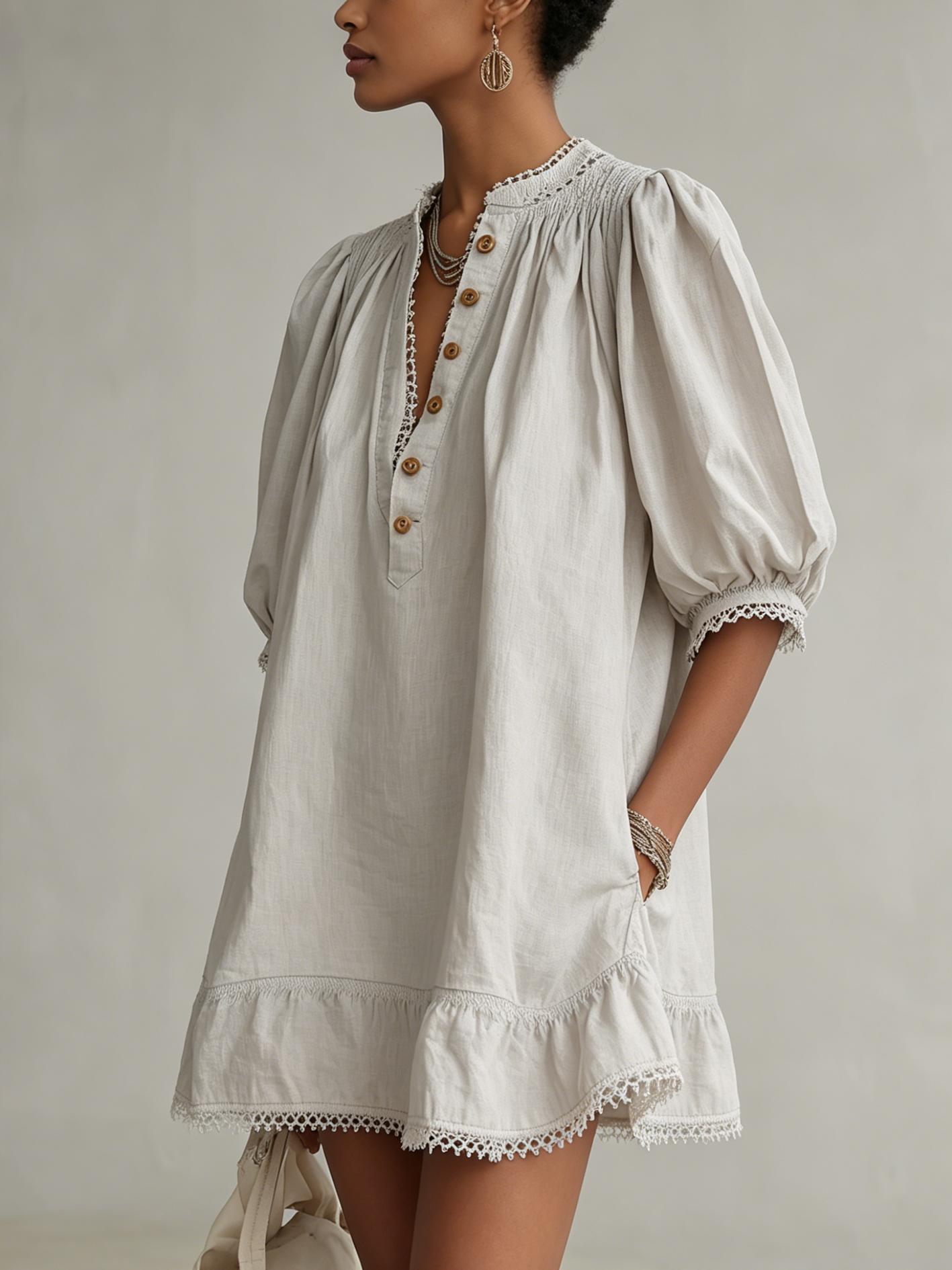 Light Gray Cotton Lace Trim Puff Sleeve Mini Dress