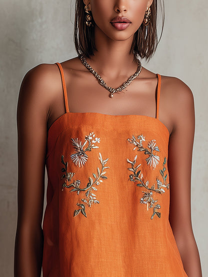 Orange Linen Mini Dress With Floral Embroidery And Spaghetti Straps