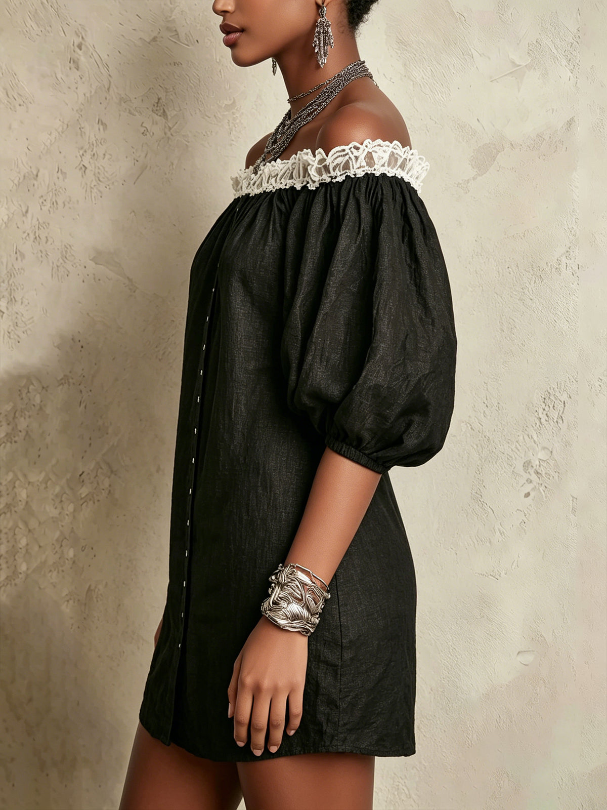 Black Off-Shoulder Mini Dress With Puff Sleeves And Ruffled Trim