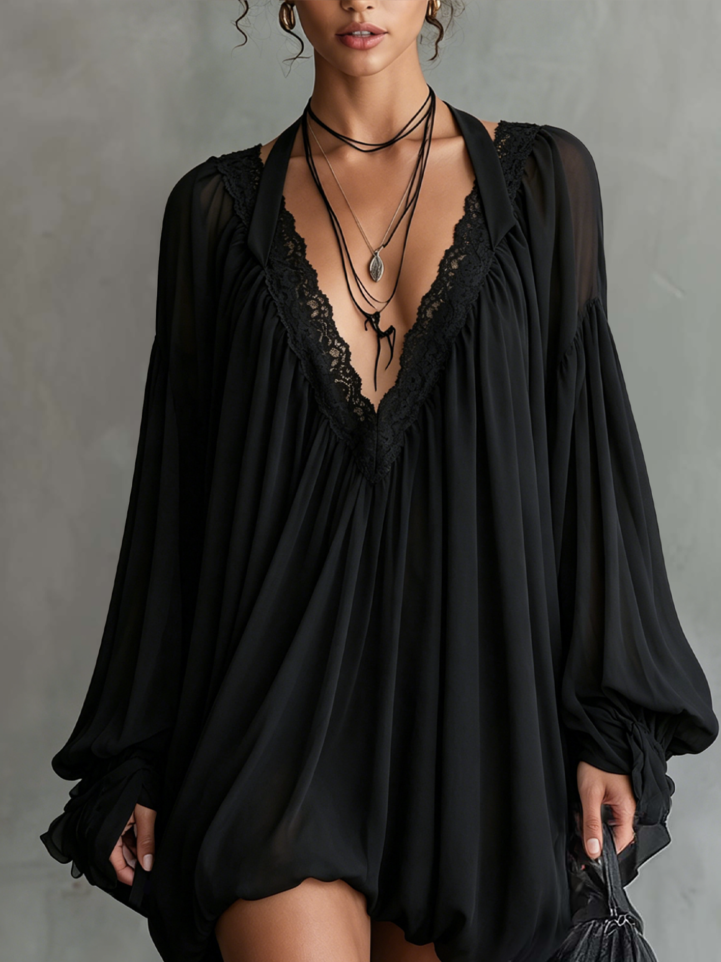 Black Chiffon Halter Mini Dress With Lace Neckline